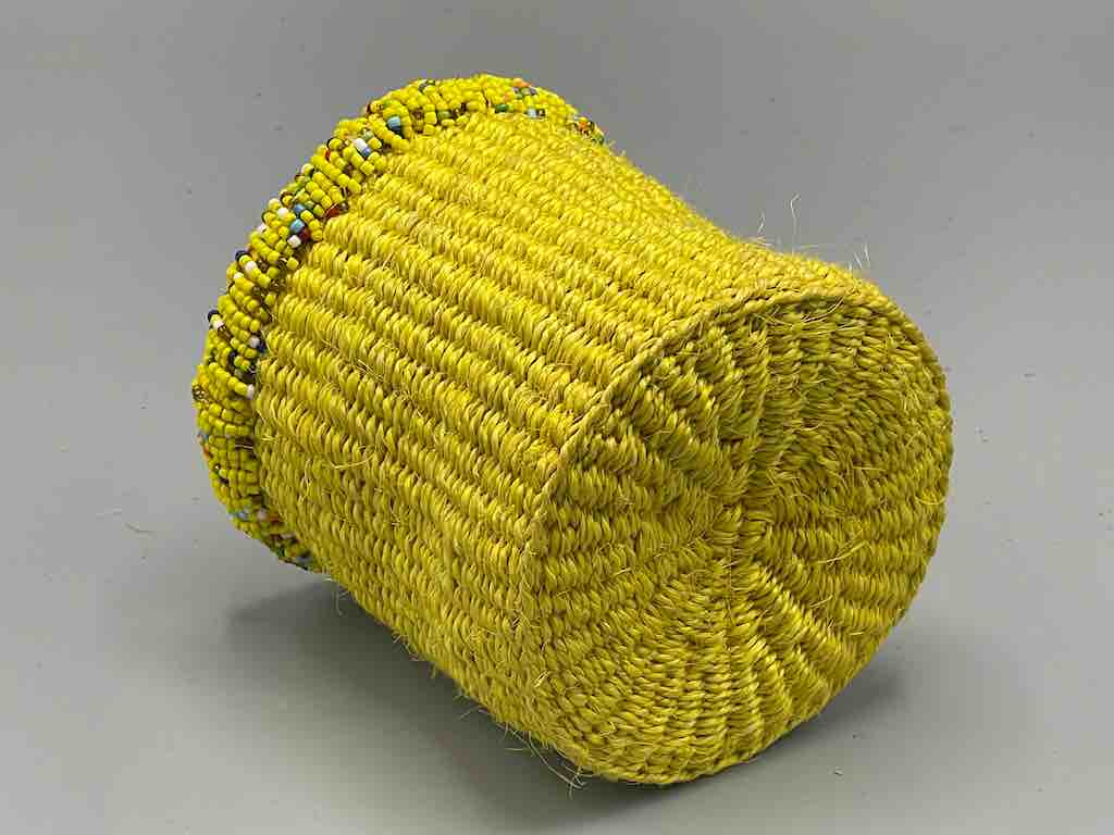 Small Colorful Bead Rim Deep Yellow Sisal Cylinder Basket - Kenya