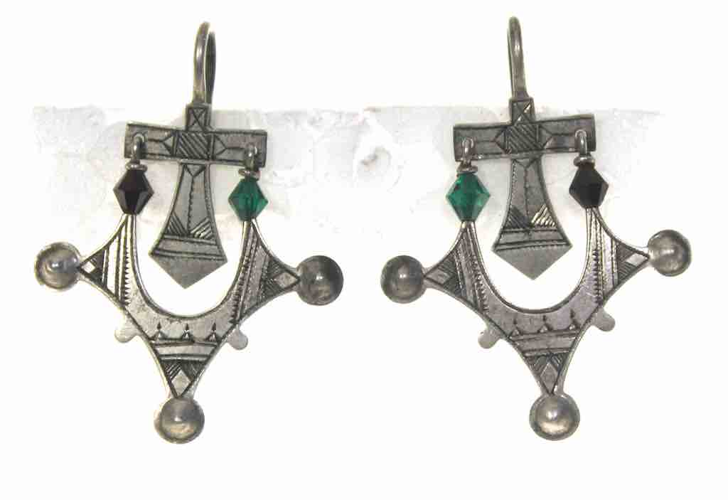 Vintage coin silver with glass beads Tuareg earring pair - Niger