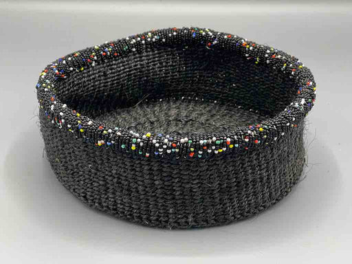 Black Bead Rim Shallow Black Sisal Round Basket - Kenya