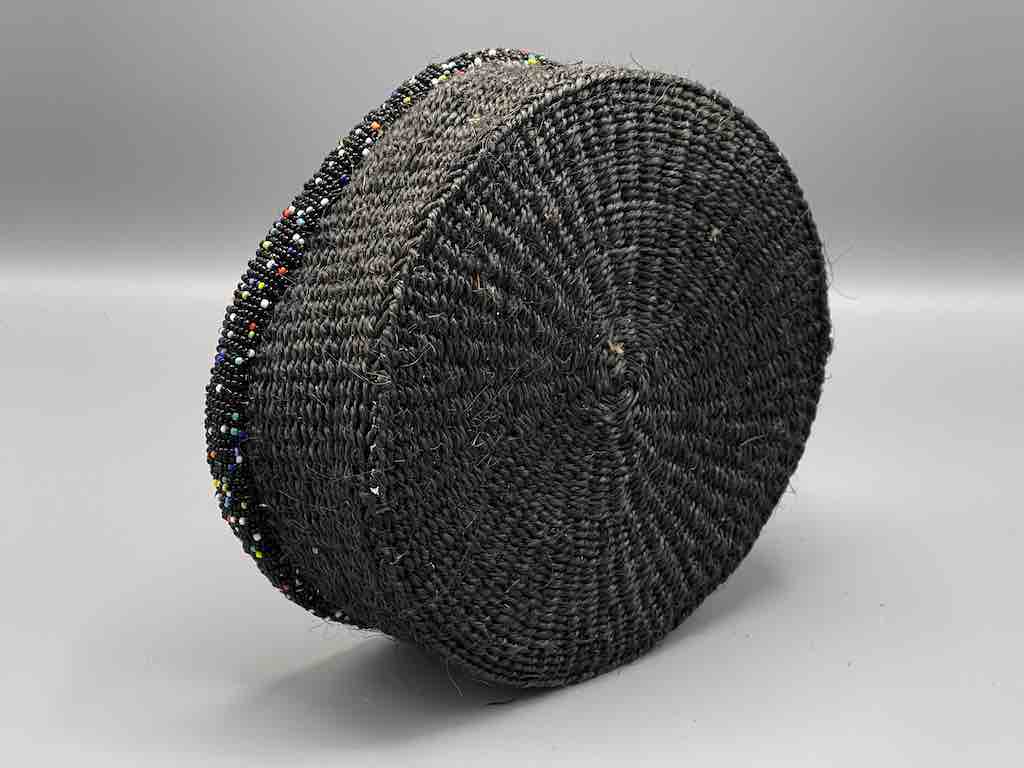 Black Bead Rim Shallow Black Sisal Round Basket - Kenya