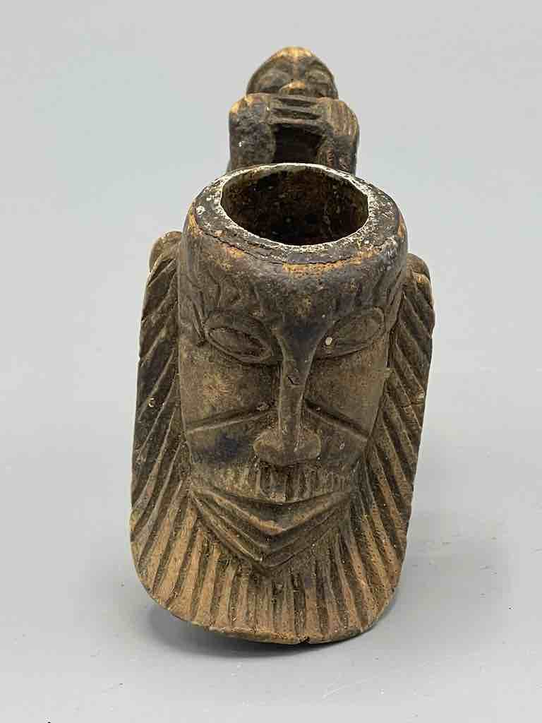 Vintage African Carved Male Head & Monkey Wood Pipe Bowl