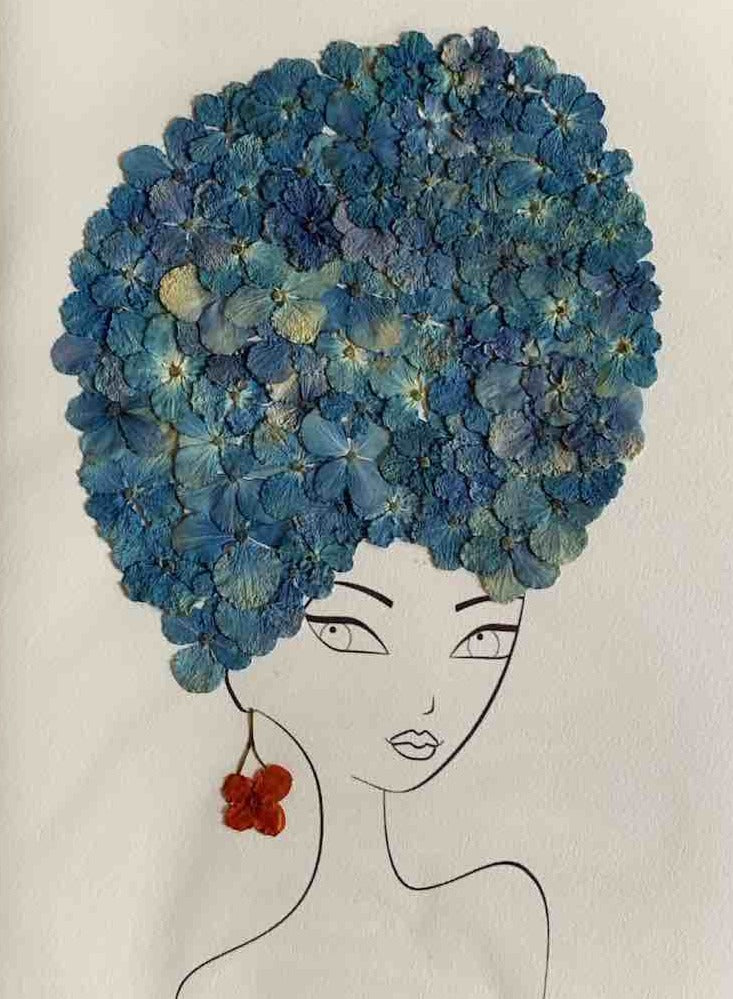 Handmade Pressed Dried Real Flower Greeting Card - Woman Hairdo