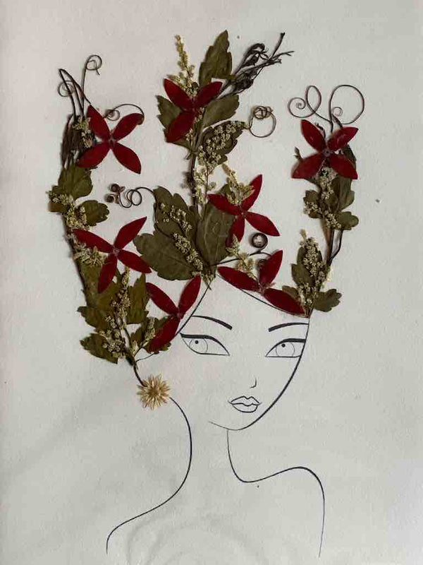 Handmade Pressed Dried Real Flower Greeting Card - Woman Hairdo