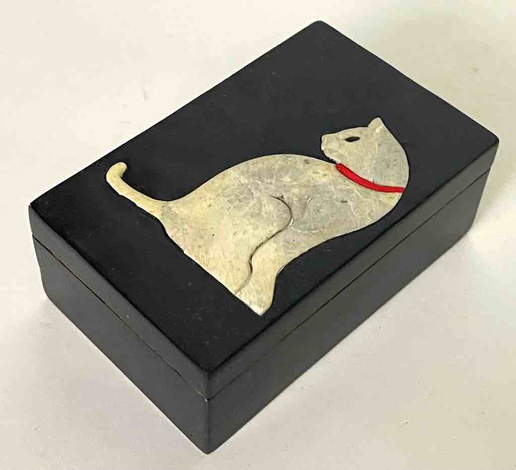 Cat Silhouette Design - Small Rectangle Soapstone Trinket Decor Box