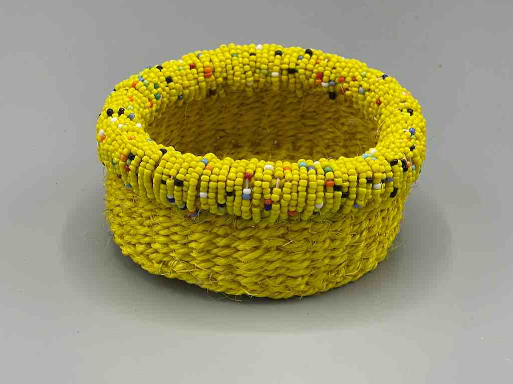 Colorful Bead Rim Shallow Yellow Sisal Round Basket - Kenya