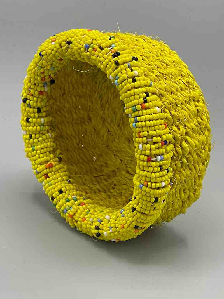 Colorful Bead Rim Shallow Yellow Sisal Round Basket - Kenya