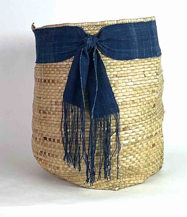 Large Deep Flexible Swampgrass Basket, Indigo Rim - Benin