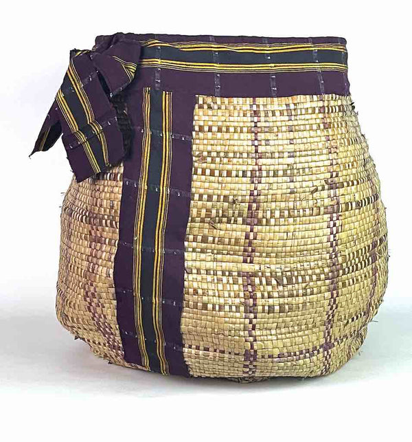 Large Deep Vintage Flexible Swampgrass Basket, Cloth Accent - Benin