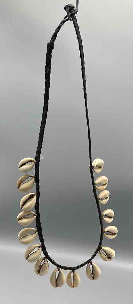 Hanging Cowrie Shell Braided Black Leather Clasp Long Necklace - Mali