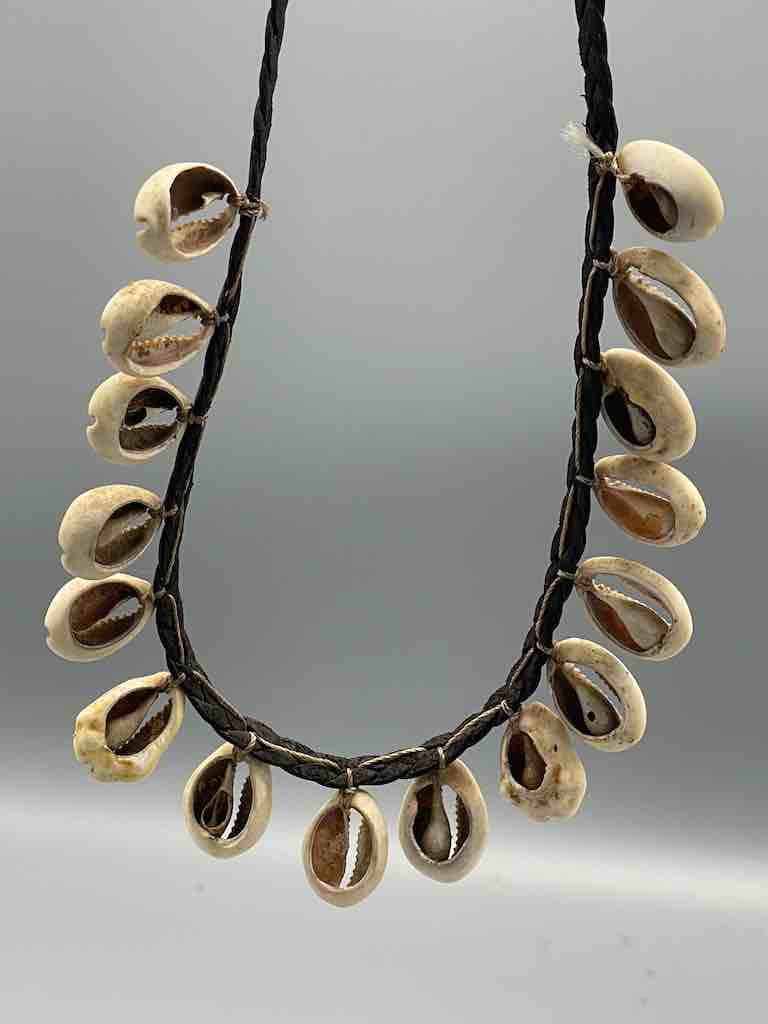 Hanging Cowrie Shell Braided Black Leather Clasp Long Necklace - Mali