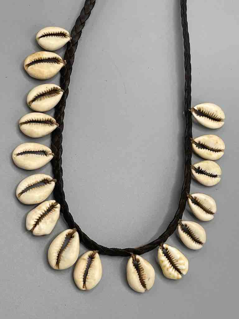 Hanging Cowrie Shell Braided Black Leather Clasp Long Necklace - Mali