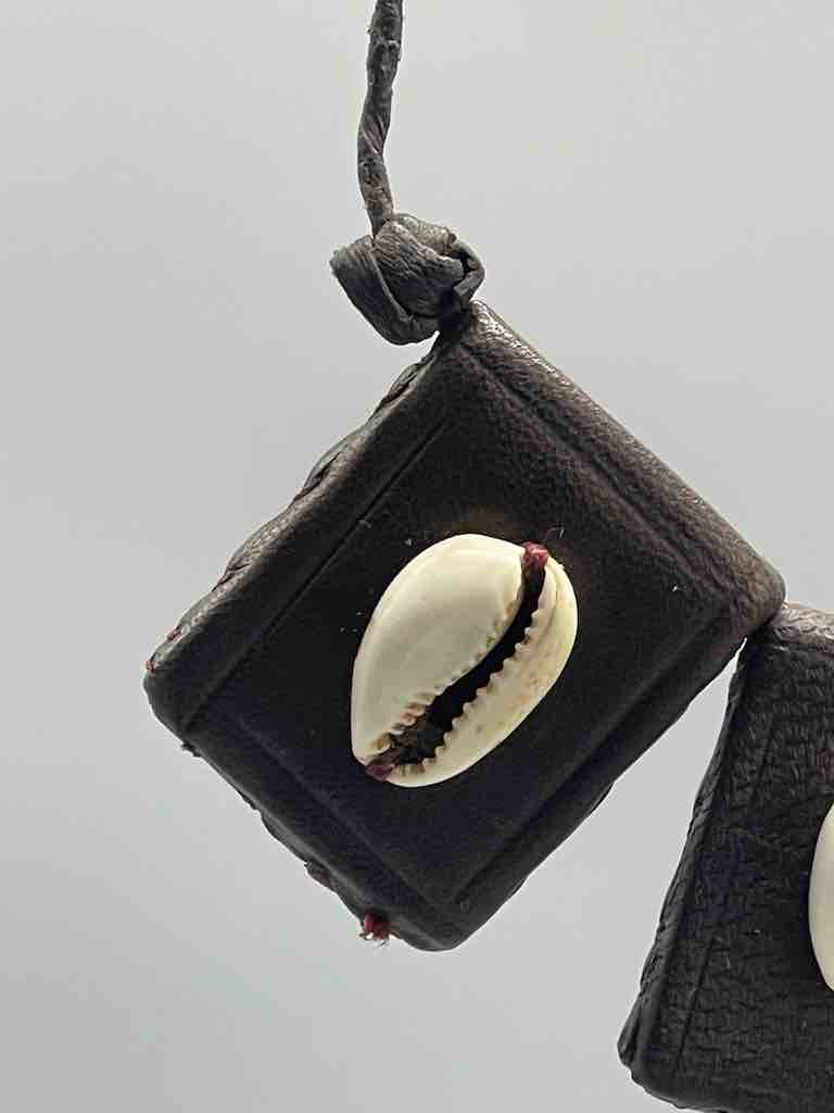 Cowrie Shell Triple GriGri Black Leather Cord Long Necklace - Mali