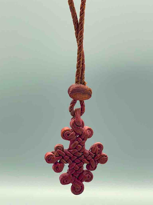 Woven Coptic Christian Red Leather Cross on Long Cord Necklace - Ethiopia