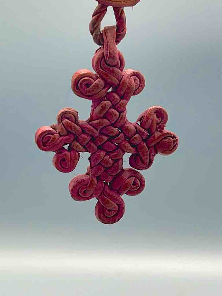 Woven Coptic Christian Red Leather Cross on Long Cord Necklace - Ethiopia