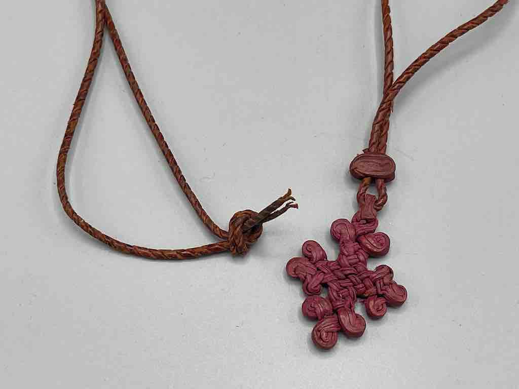 Woven Coptic Christian Red Leather Cross on Long Cord Necklace - Ethiopia