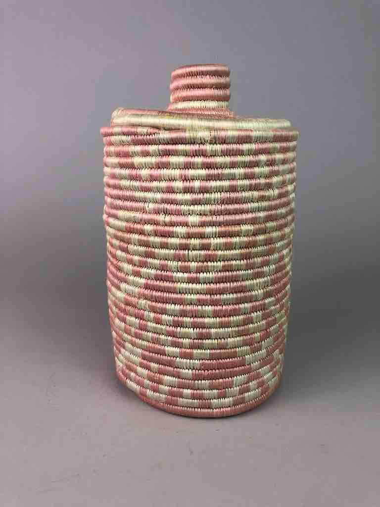 Tutsi pink covered cylinder sisal basket from Rwanda | 10" x 6"