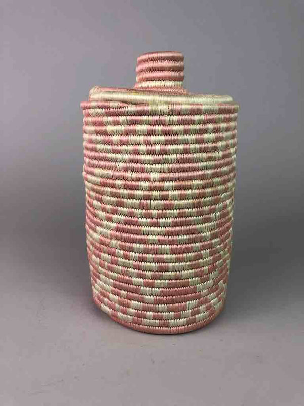 Tutsi pink covered cylinder sisal basket from Rwanda | 10" x 6"