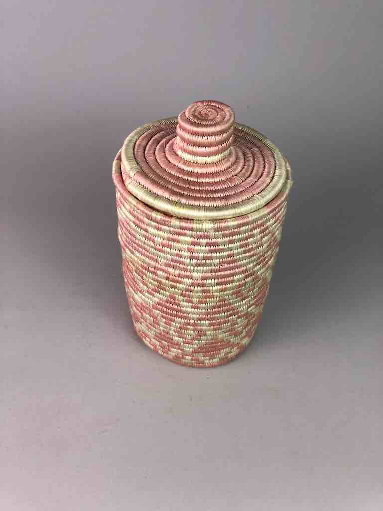 Tutsi pink covered cylinder sisal basket from Rwanda | 10" x 6"