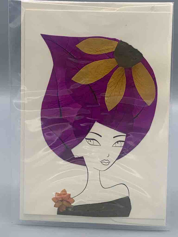 Handmade Pressed Dried Real Flower Greeting Card - Woman Hairdo