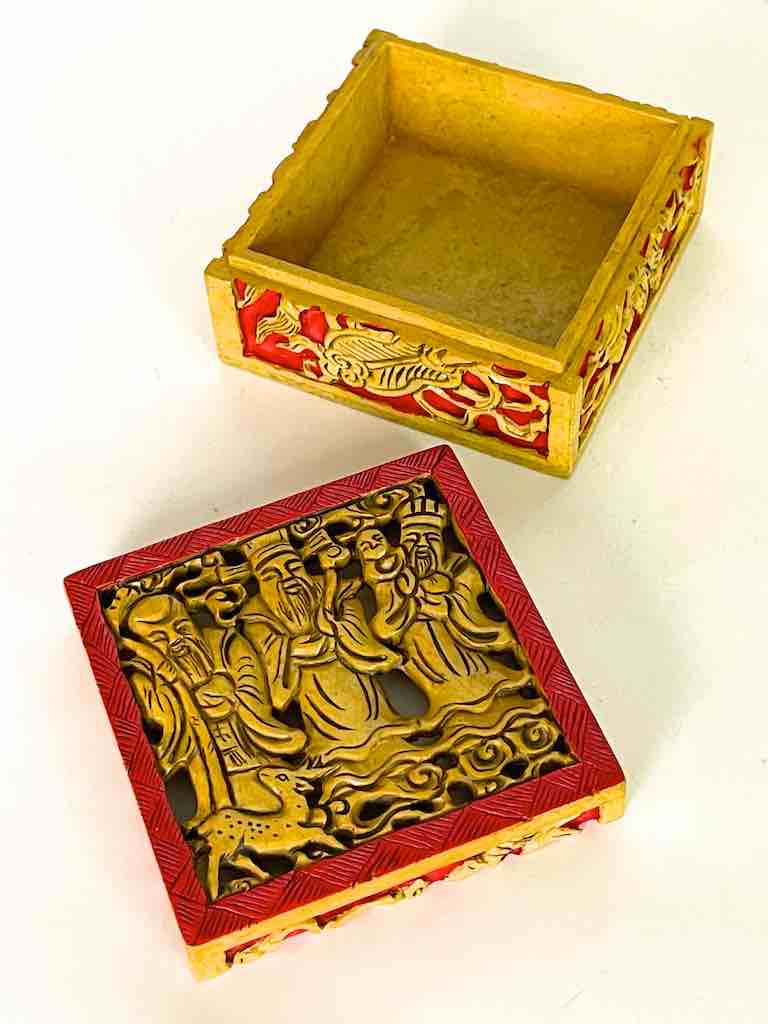 The Chinese 3 Wise Men - Relief Carved Square Soapstone Trinket Decor Box