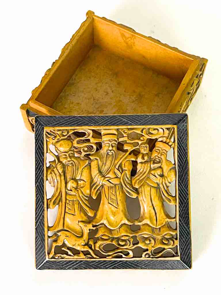 The Chinese 3 Wise Men - Relief Carved Square Soapstone Trinket Decor Box