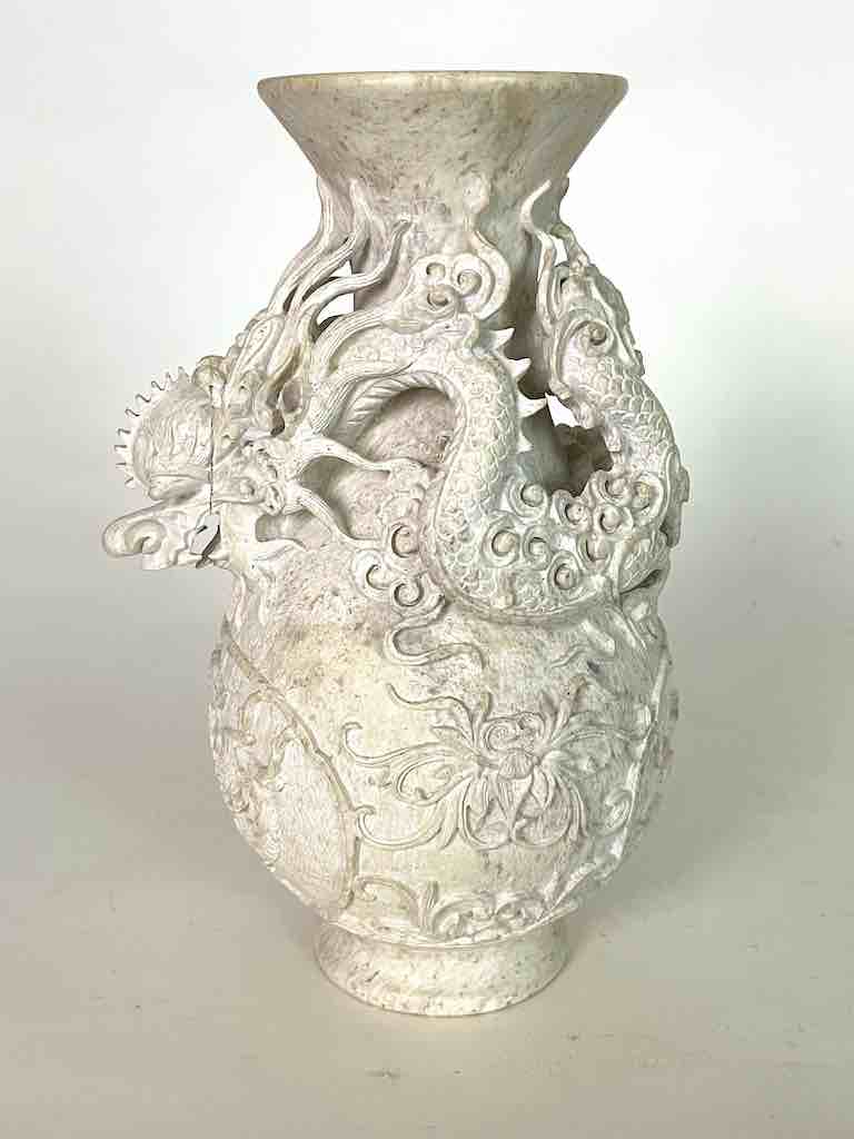 Solid Hand-Carved Soapstone Dragon White Vase