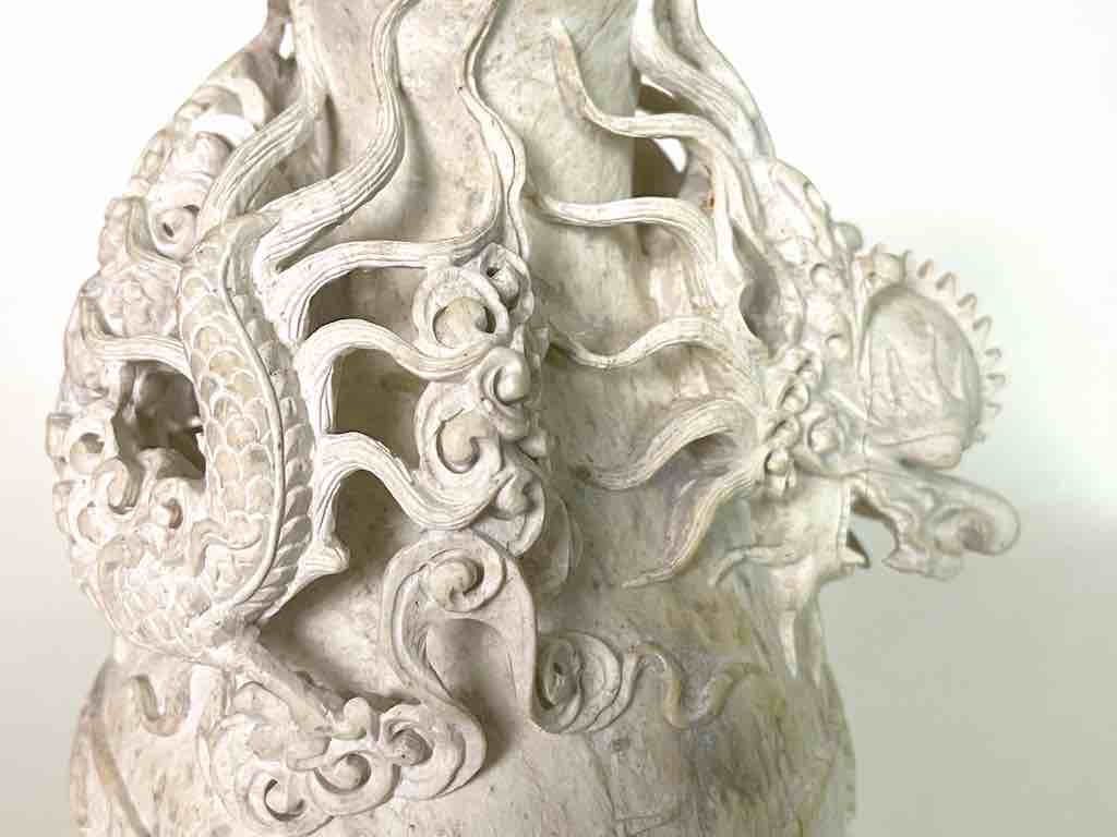 Solid Hand-Carved Soapstone Dragon White Vase