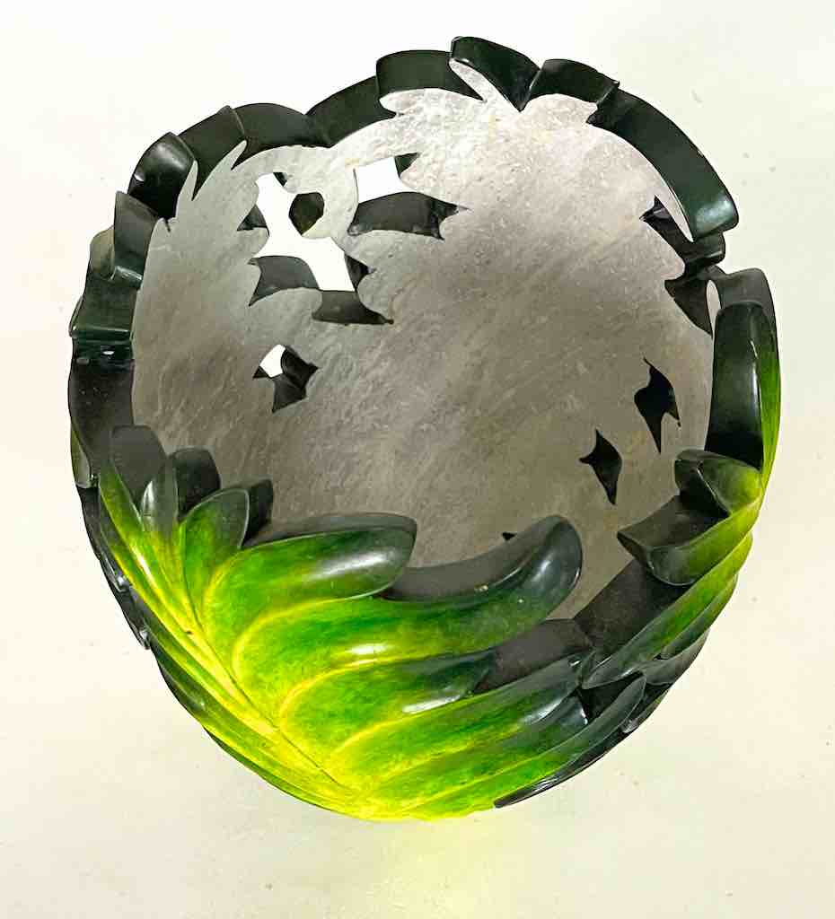 Flared Green Leaf Design Soapstone Decor Vase Sculpture
