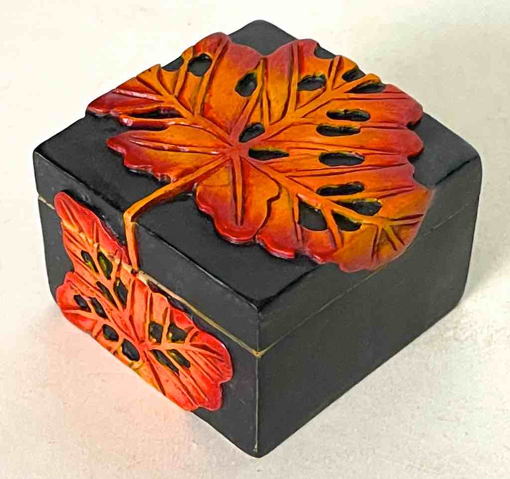 Small Black Square Autumn Leaf Soapstone Trinket Decor Box