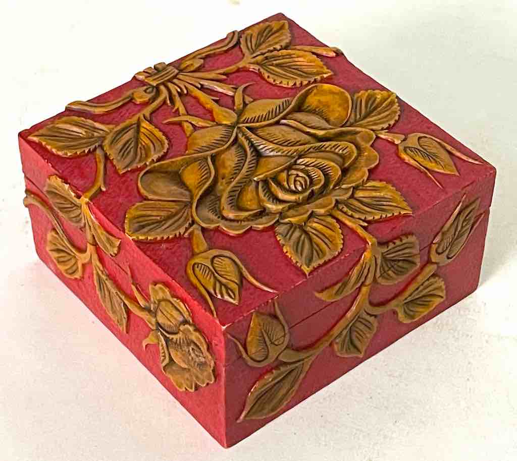 Rose Design Red Square Soapstone Trinket Decor Box