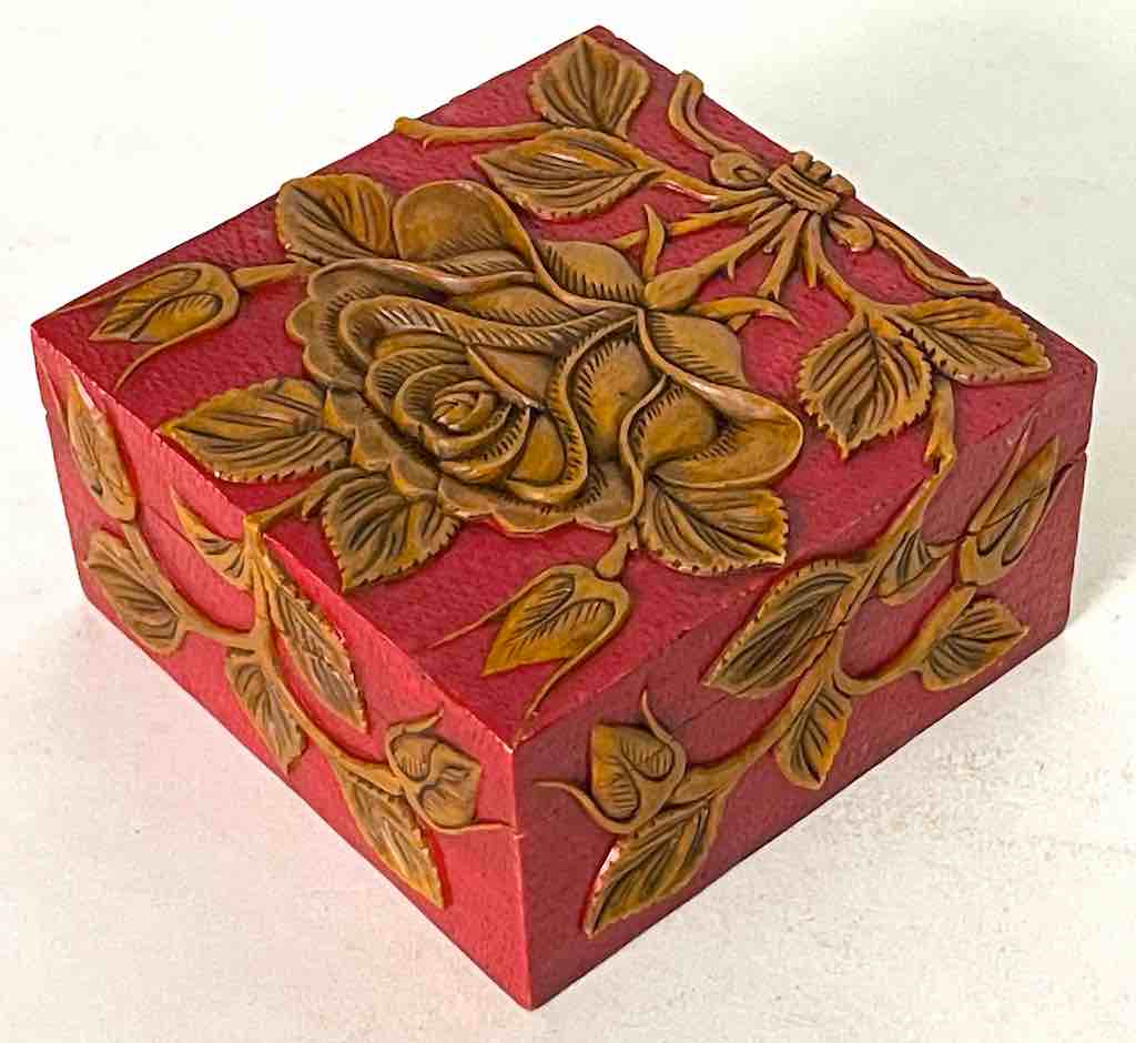 Rose Design Red Square Soapstone Trinket Decor Box