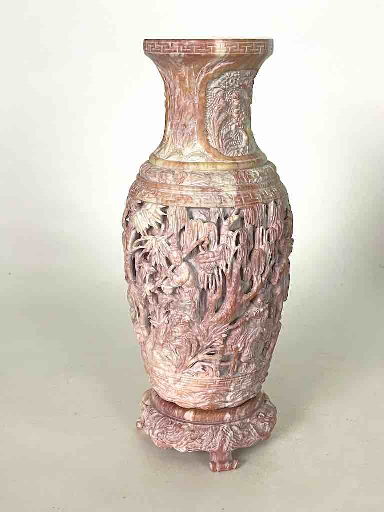 Solid Hand-Carved Soapstone Vietnamese Landscape Pink Vase