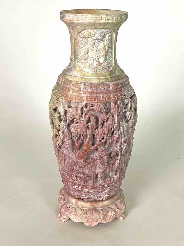 Solid Hand-Carved Soapstone Vietnamese Landscape Pink Vase