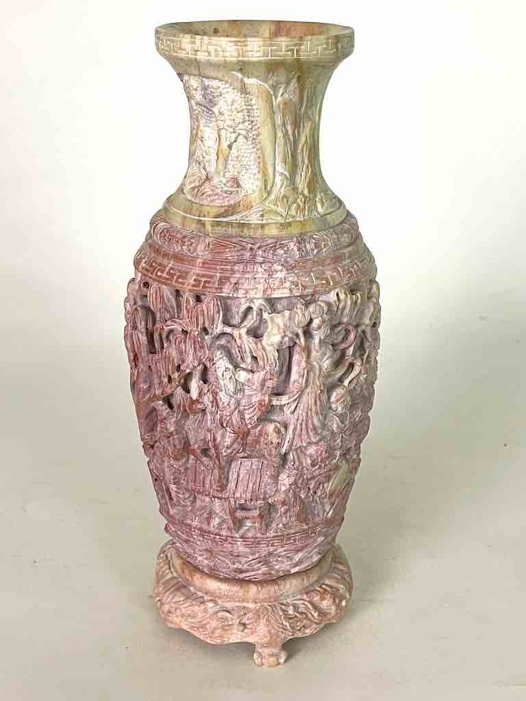 Solid Hand-Carved Soapstone Vietnamese Landscape Pink Vase