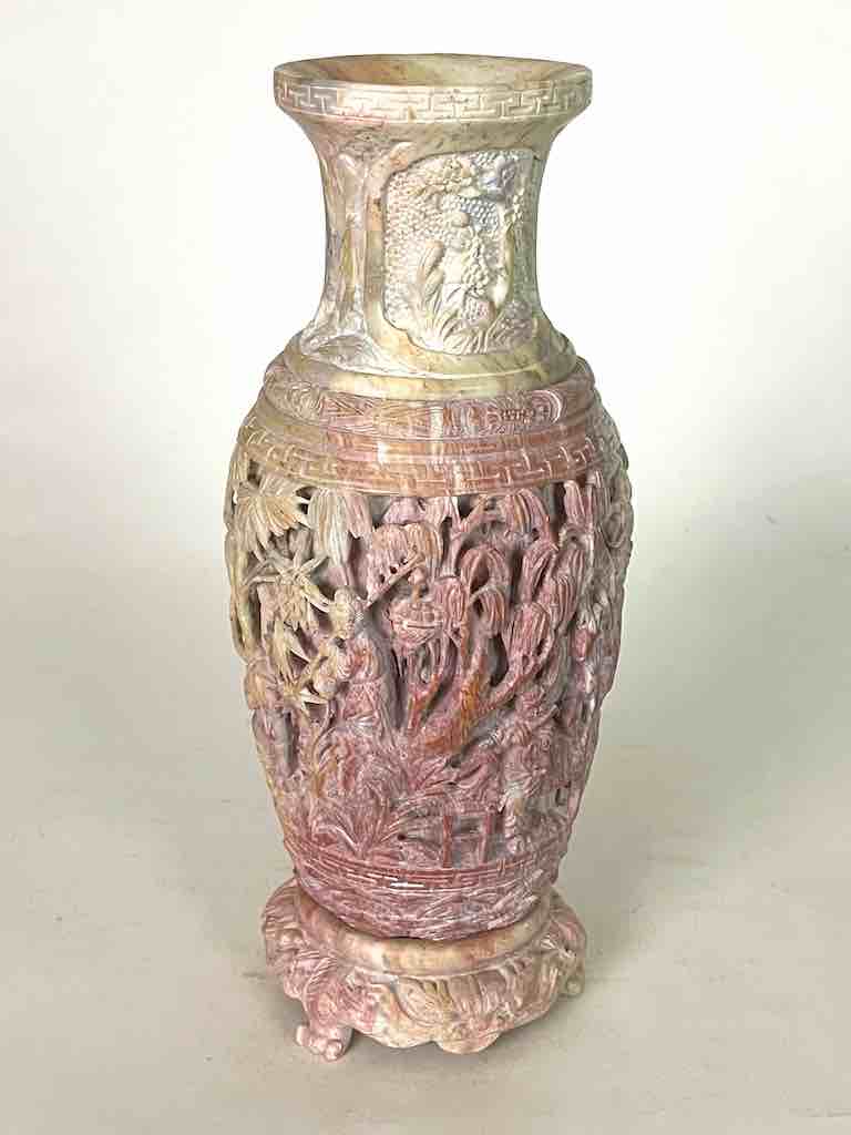 Solid Hand-Carved Soapstone Vietnamese Landscape Pink Vase