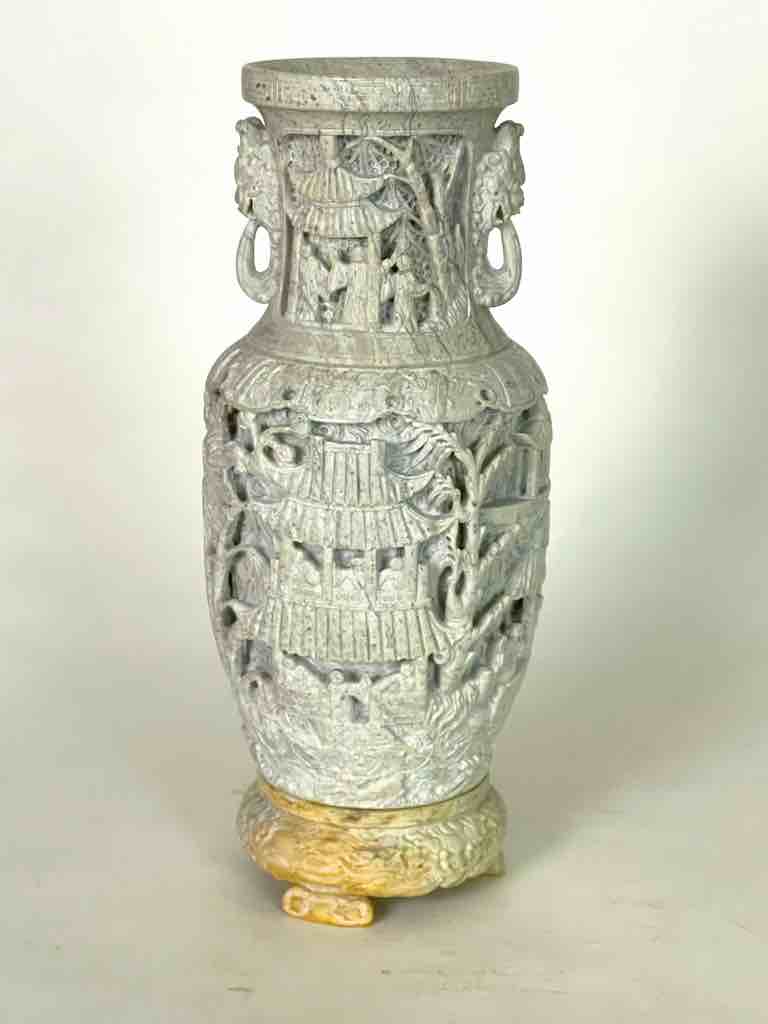 Solid Hand-Carved Soapstone Vietnamese Landscape White Vase