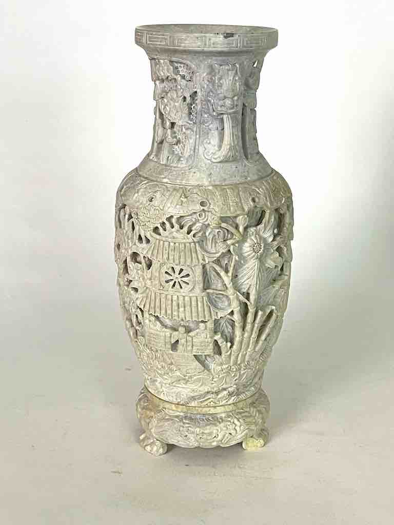 Solid Hand-Carved Soapstone Vietnamese Landscape White Vase