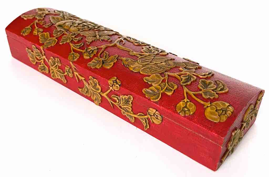 Roses, Bird, Butterfly Design - Long Red Domed Soapstone Trinket Decor Box