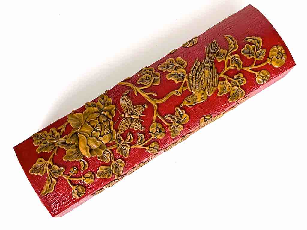 Roses, Bird, Butterfly Design - Long Red Domed Soapstone Trinket Decor Box