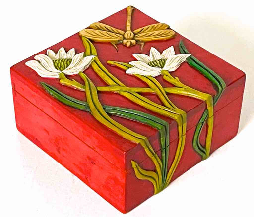 Dragonfly Flowers Design - Small Red Square Soapstone Trinket Decor Box