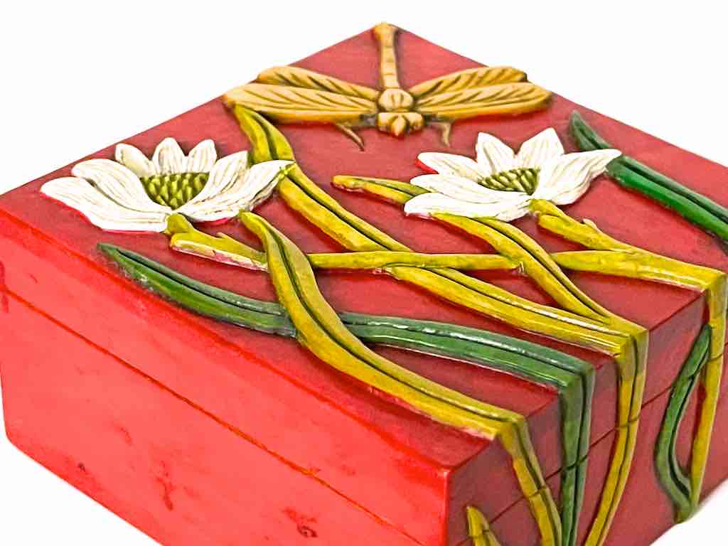 Dragonfly Flowers Design - Small Red Square Soapstone Trinket Decor Box