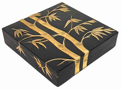 Bamboo Design Black Square Soapstone Trinket Decor Box