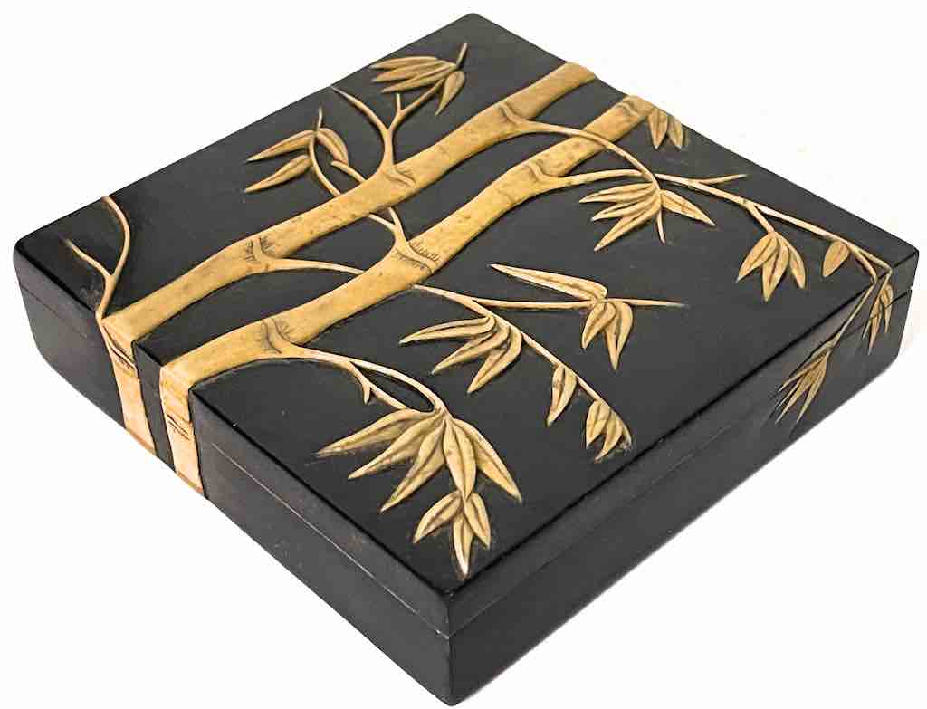 Bamboo Design Black Square Soapstone Trinket Decor Box
