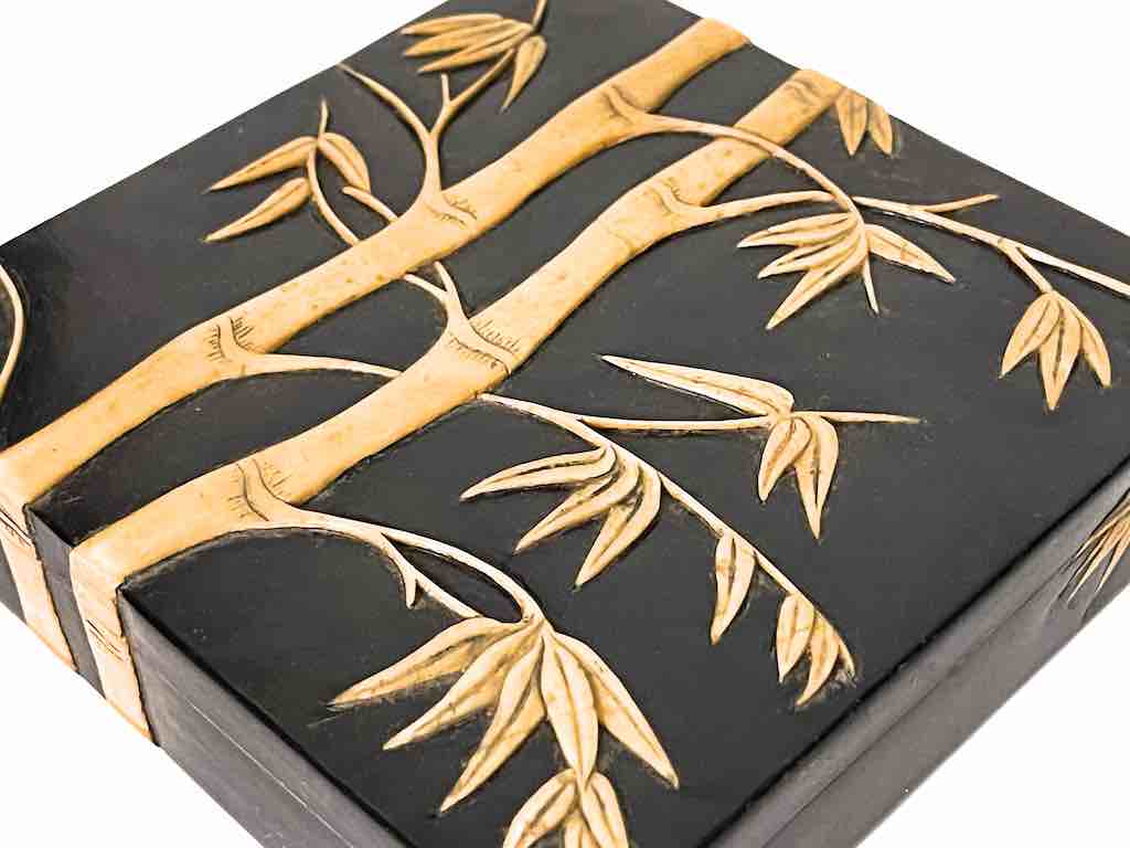 Bamboo Design Black Square Soapstone Trinket Decor Box