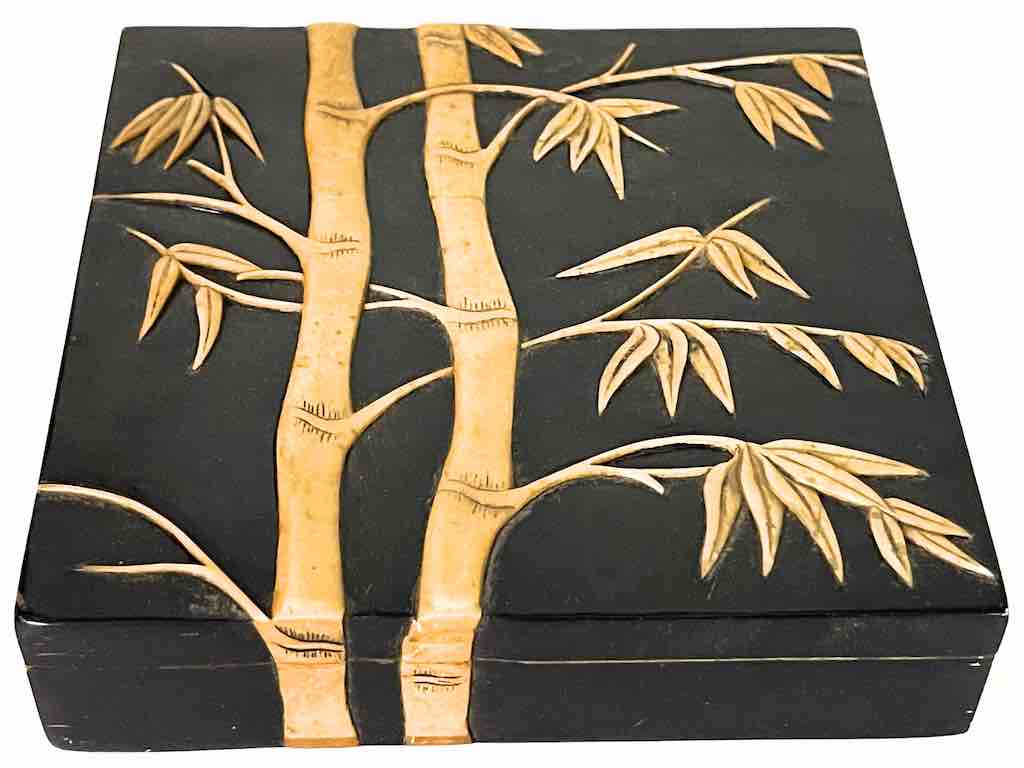 Bamboo Design Black Square Soapstone Trinket Decor Box