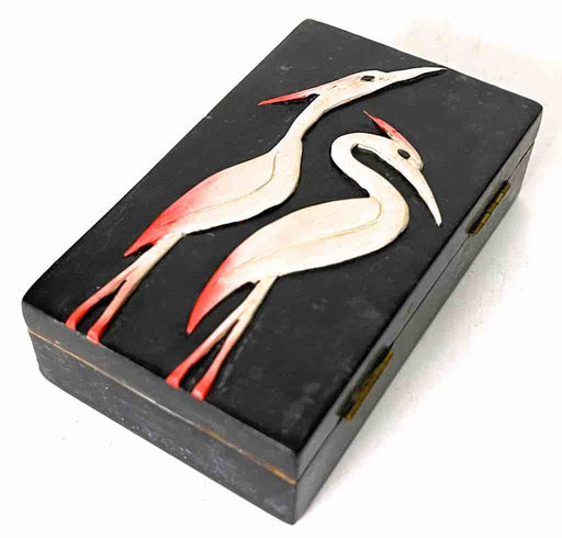 Two Cranes Design Small Black Rectangle Soapstone Trinket Decor Box