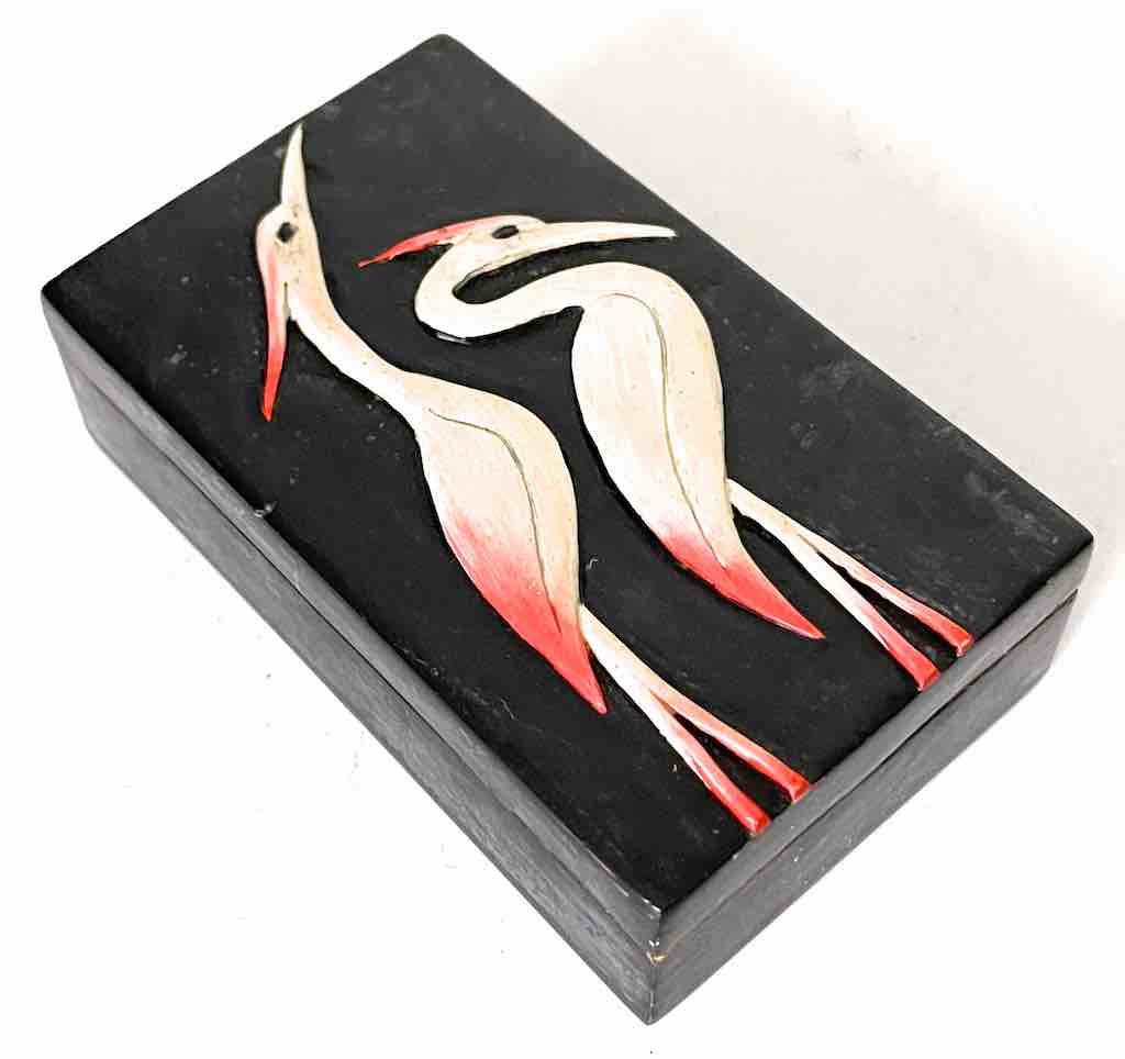 Two Cranes Design Small Black Rectangle Soapstone Trinket Decor Box