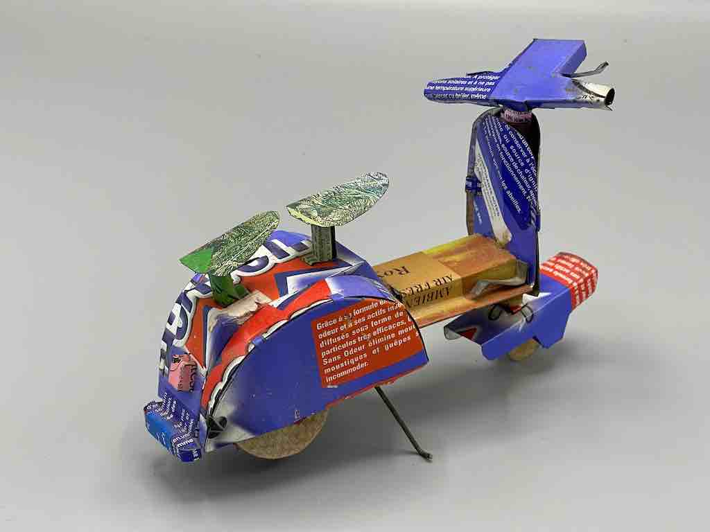 African Recycled Labeled Metal Can Toy Vespa - Burkina Faso