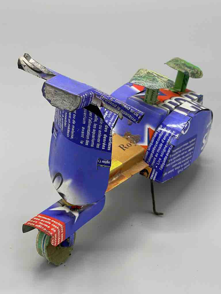 African Recycled Labeled Metal Can Toy Vespa - Burkina Faso