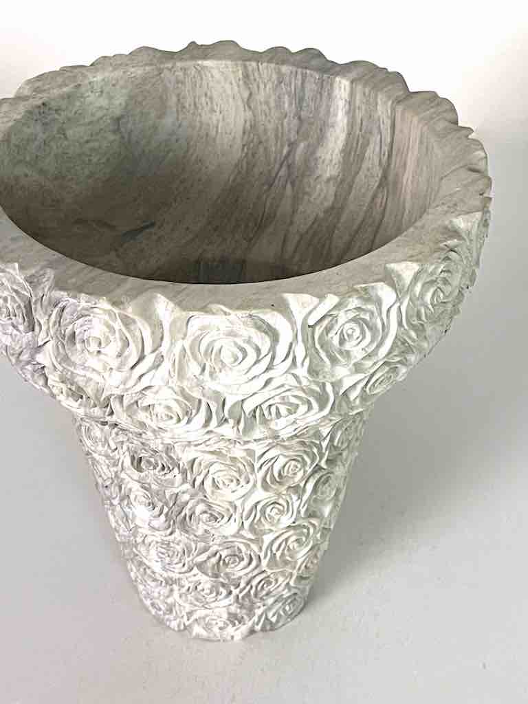 Hand-Carved Soapstone Vietnamese White Roses Design Vase